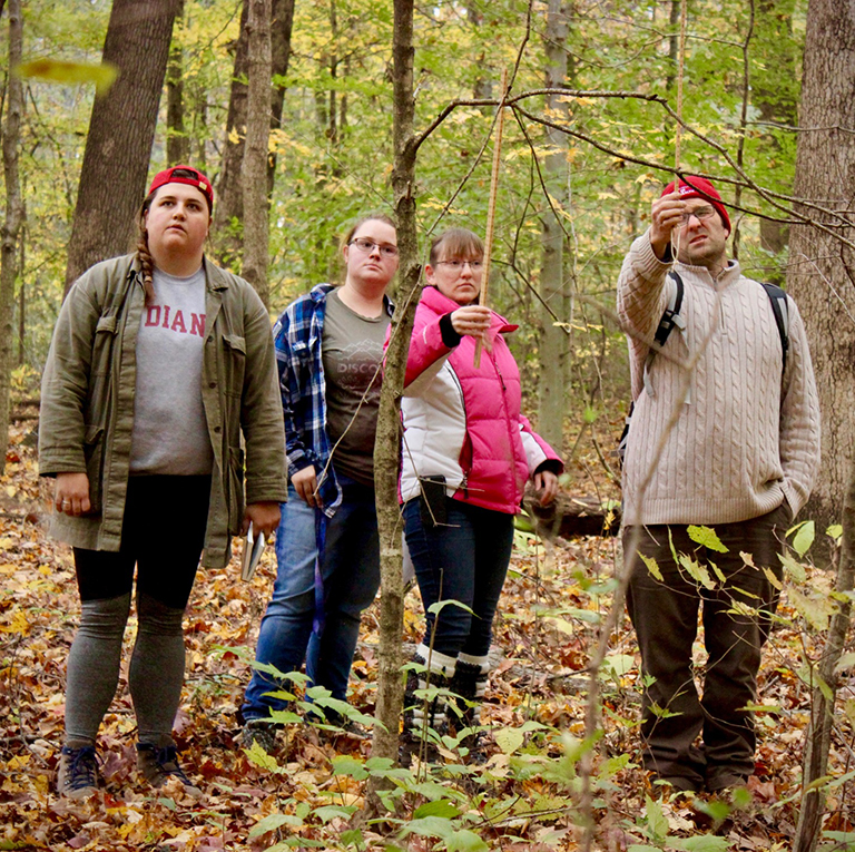 IU Students explore woods in Lawrence County, Indiana.